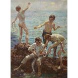 After Henry Scott Tuke, oil on canvas, Boys fishing along the shore, 60 x 45cm