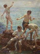 After Henry Scott Tuke, oil on canvas, Boys fishing along the shore, 60 x 45cm