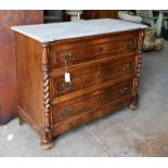 A 19th century French marble top walnut commode, width 109cm, depth 52cm, height 91cm