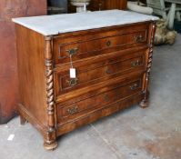 A 19th century French marble top walnut commode, width 109cm, depth 52cm, height 91cm
