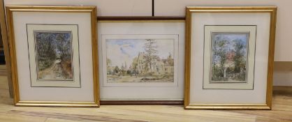 Three Victorian watercolours; Longbridge house, 16 x 23cm and garden and a country lane, 17 x 12cm.