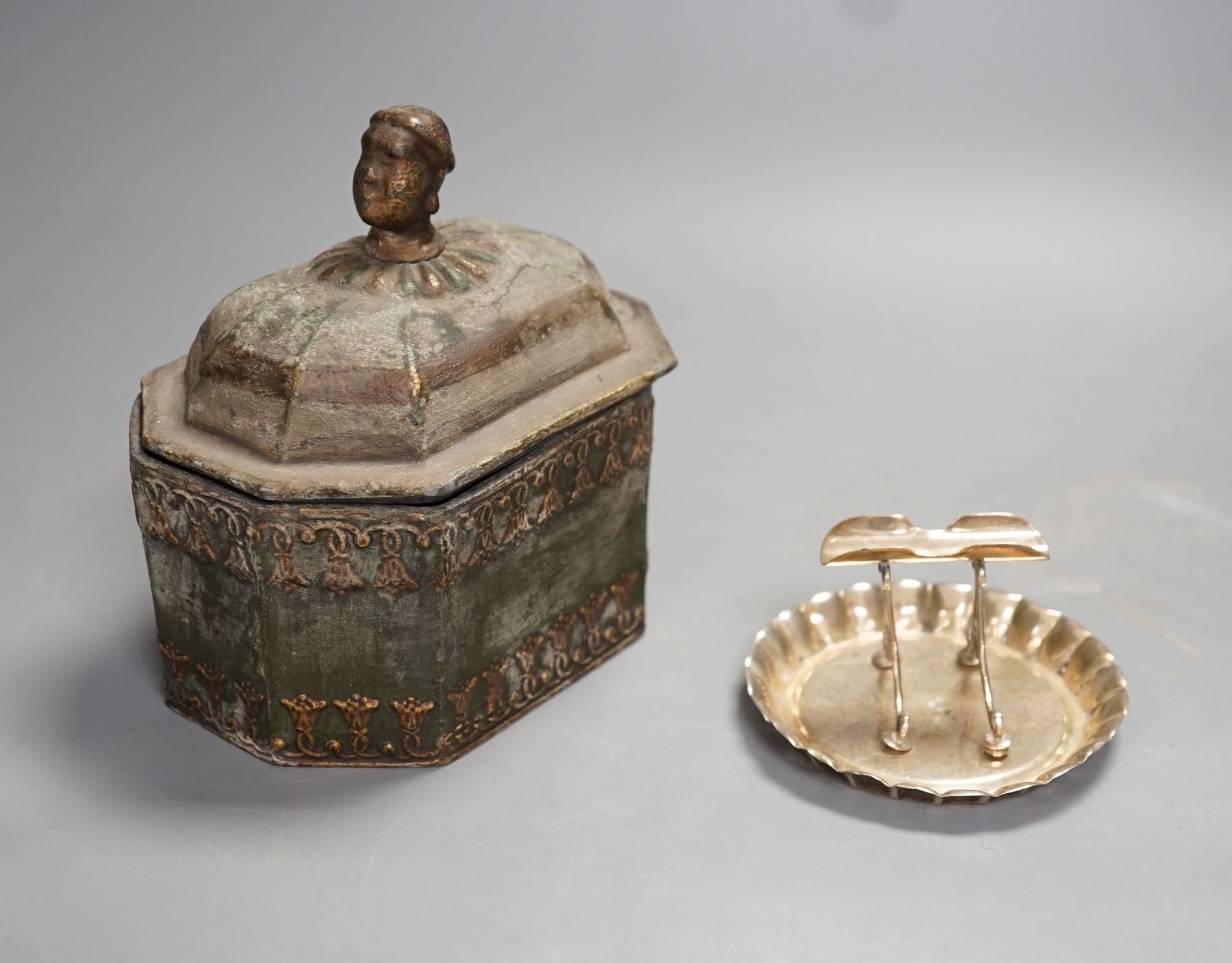 A Regency octagonal lead tobacco box, weight and cover, with slave-head finial, 14cm tall, and - Image 2 of 6