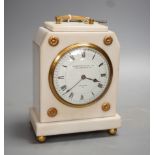 A Camerer Kuss marble and ormolu mantel clock, lion mark to movement with key, 18cm tall