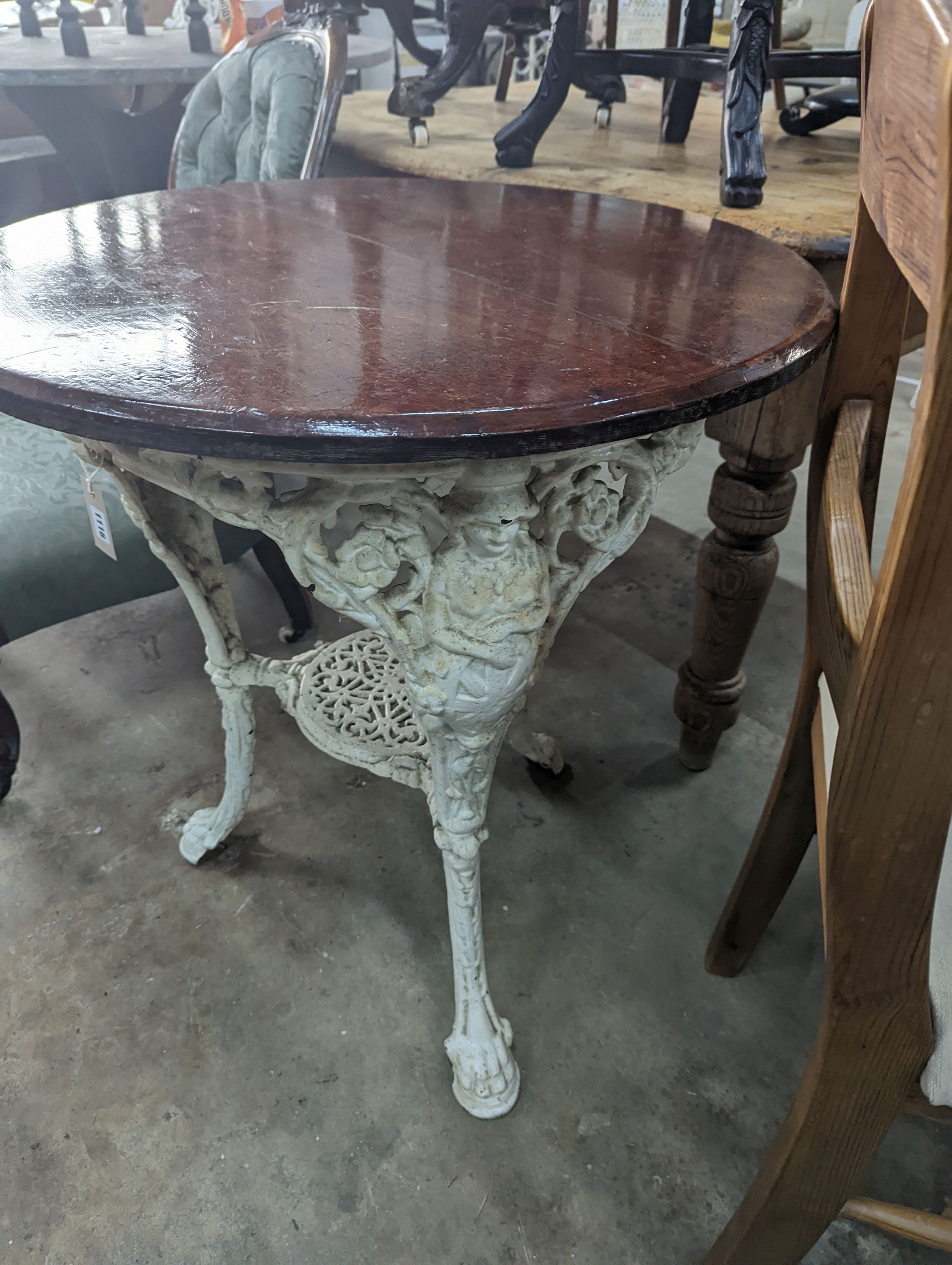 A Victorian white painted cast iron Britannia pub table with circular mahogany top, diameter 66cm, - Image 3 of 3