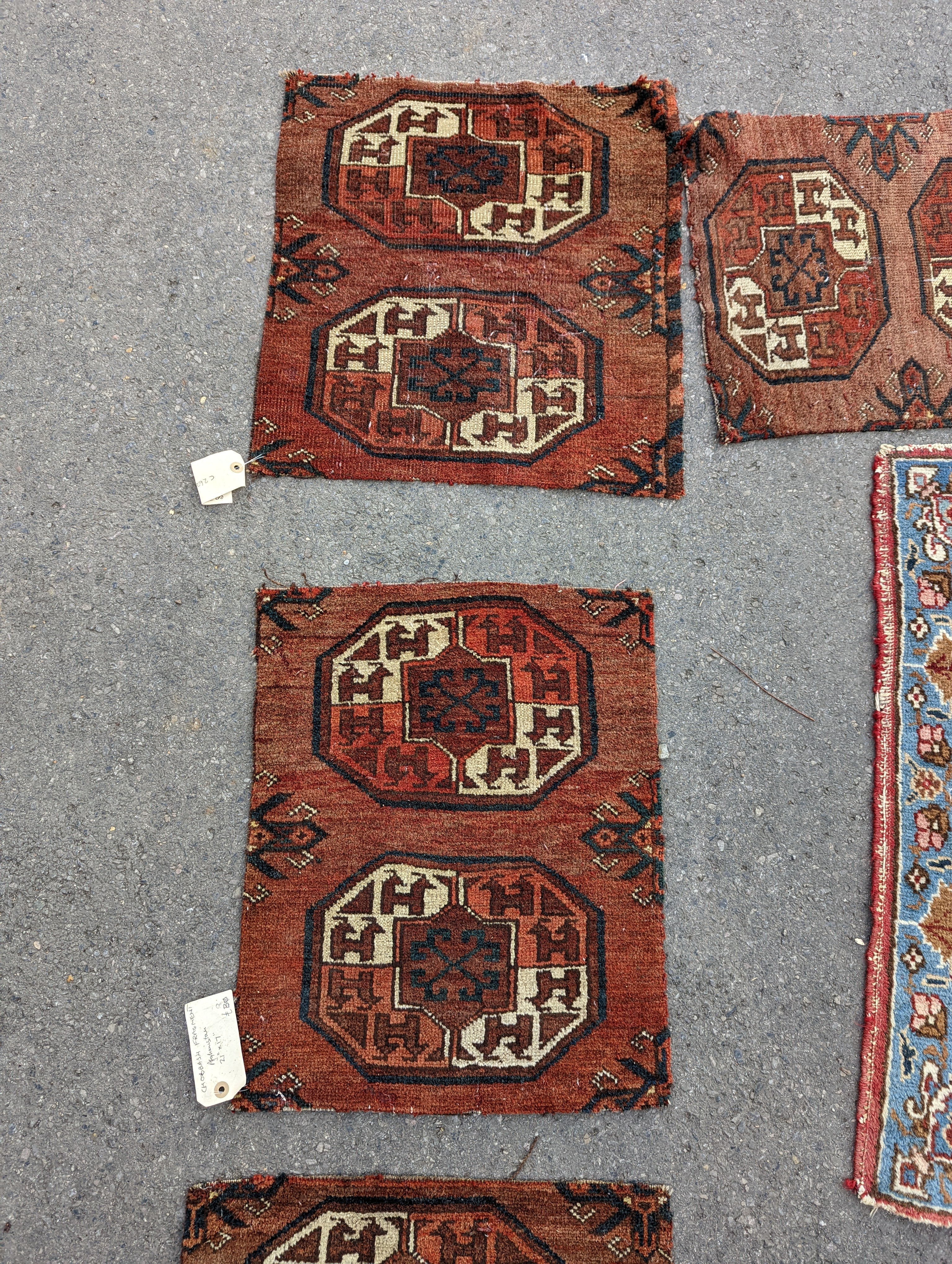 Nine Afghan, Persian and Chinese rug fragments. - Image 3 of 11