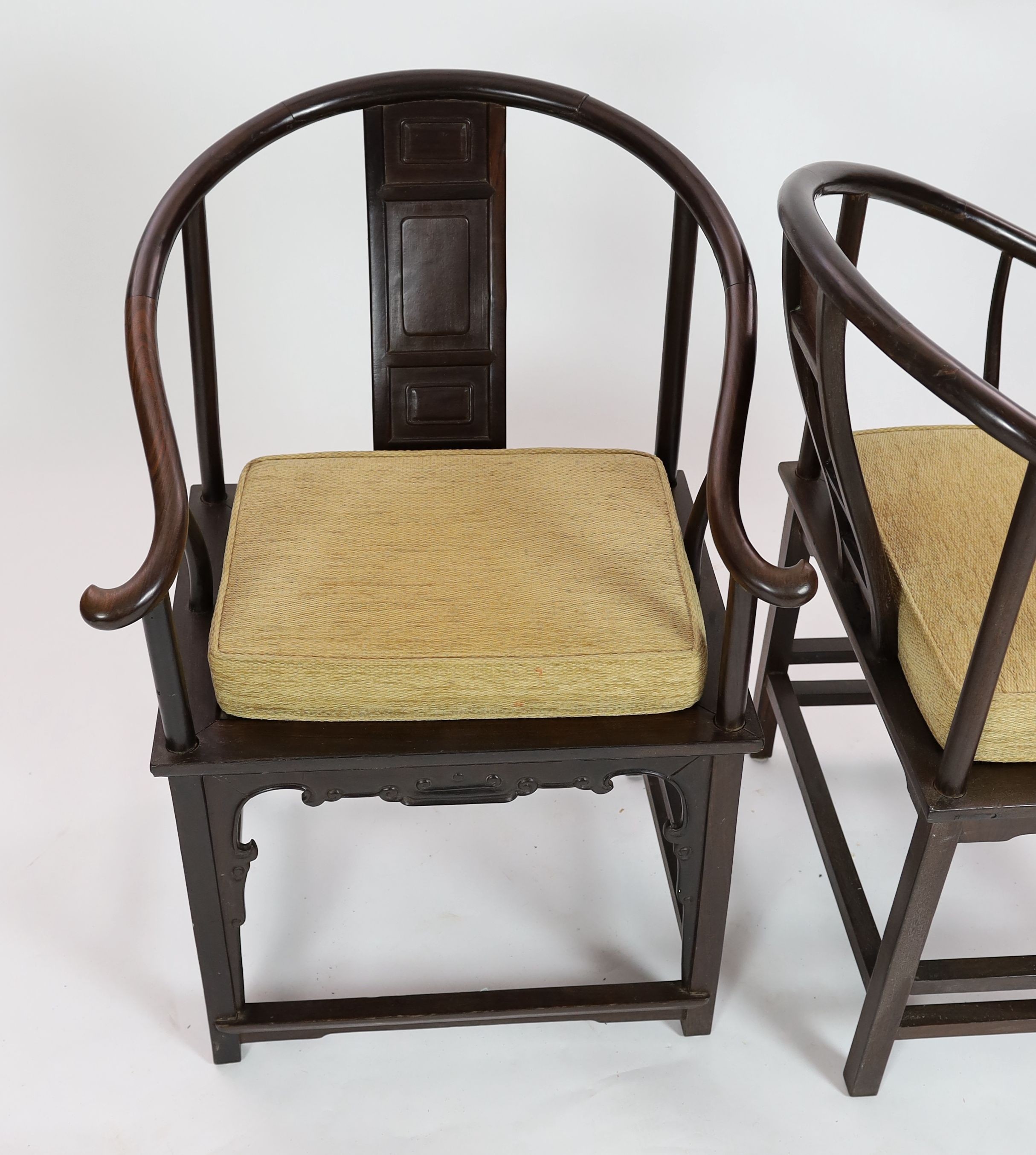 A pair of Chinese tielimu horseshoe-back armchairs, 18th/19th century,each central panelled back - Image 2 of 3