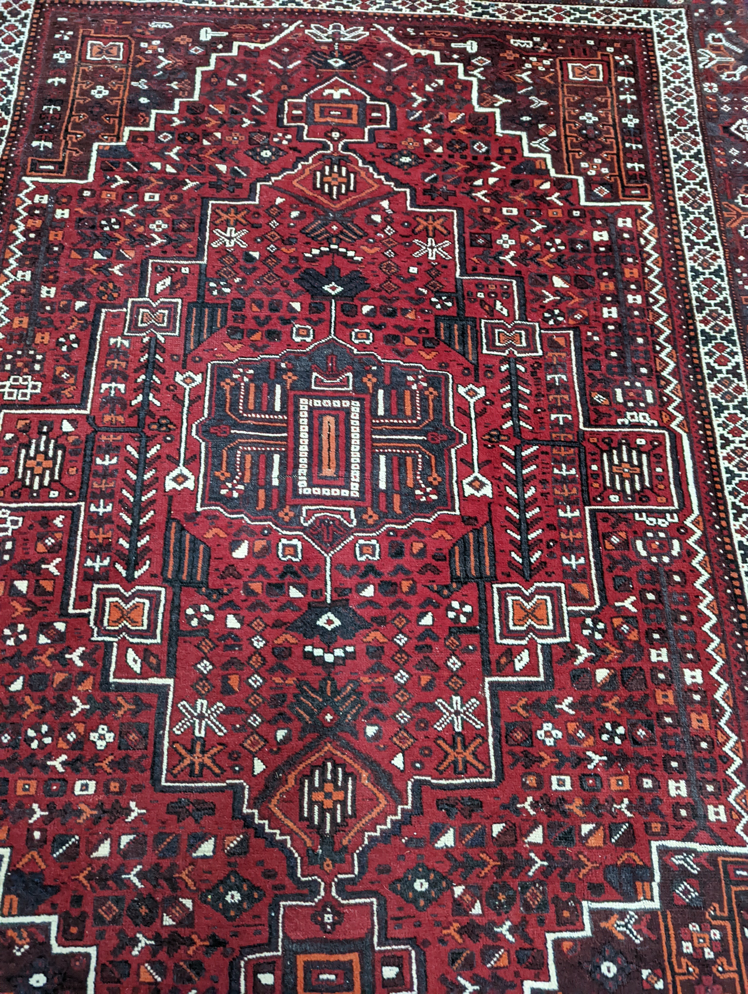 A Caucasian design burgundy ground carpet, 280 x 210cm - Image 4 of 12