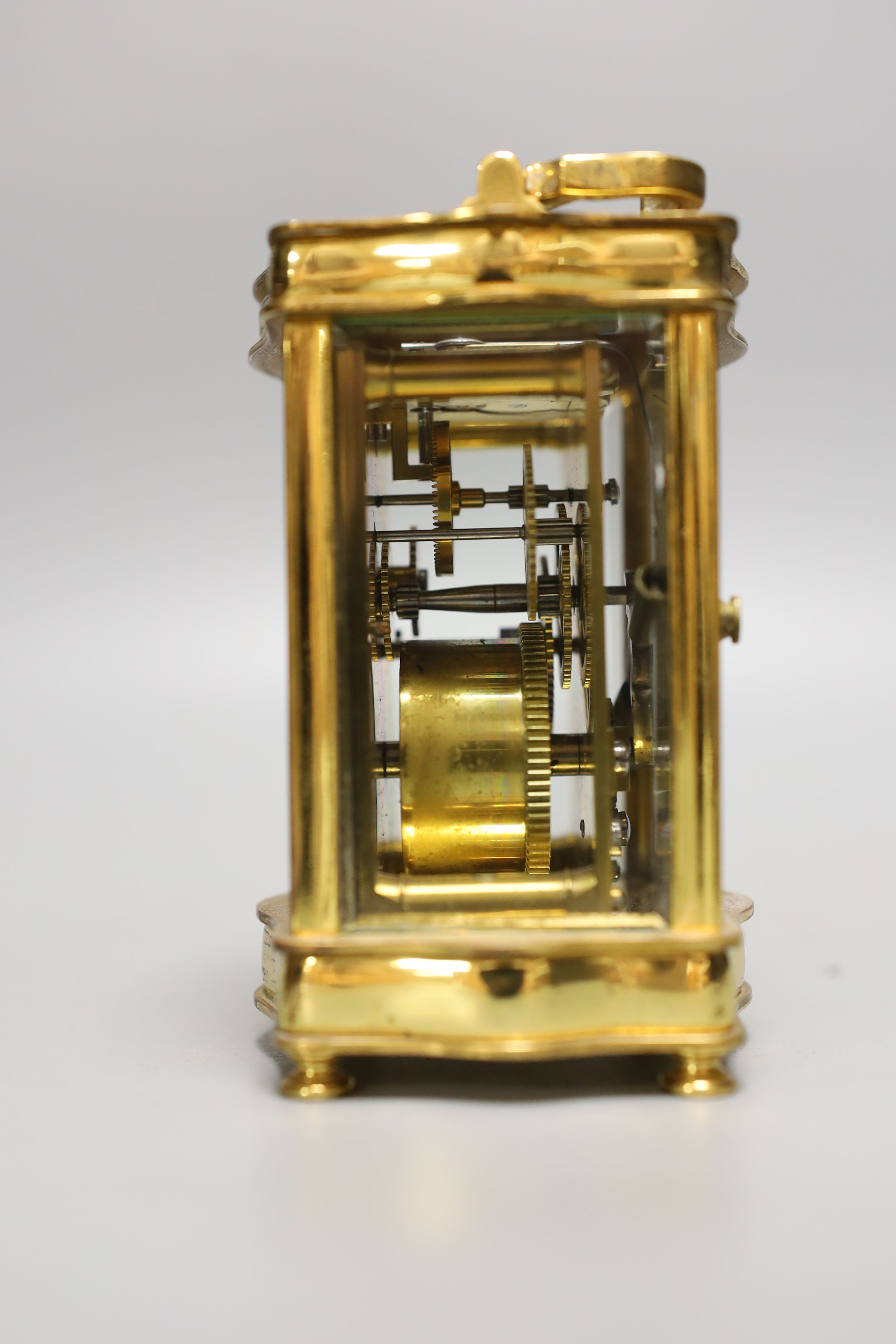 A French brass cased carriage timepiece with case. 11cm - Image 2 of 5