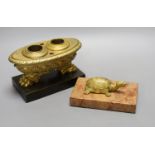 An Empire style ormolu inkstand and a similar gilt metal and marble tortoise paperweight 16cm