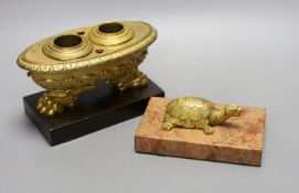 An Empire style ormolu inkstand and a similar gilt metal and marble tortoise paperweight 16cm