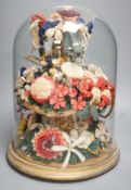 Victorian woolwork model of a bouquet of flowers under a glass dome - 40cm high
