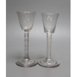 Two Georgian opaque twist and facet stem cordials - tallest 15cm