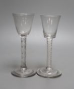 Two Georgian opaque twist and facet stem cordials - tallest 15cm