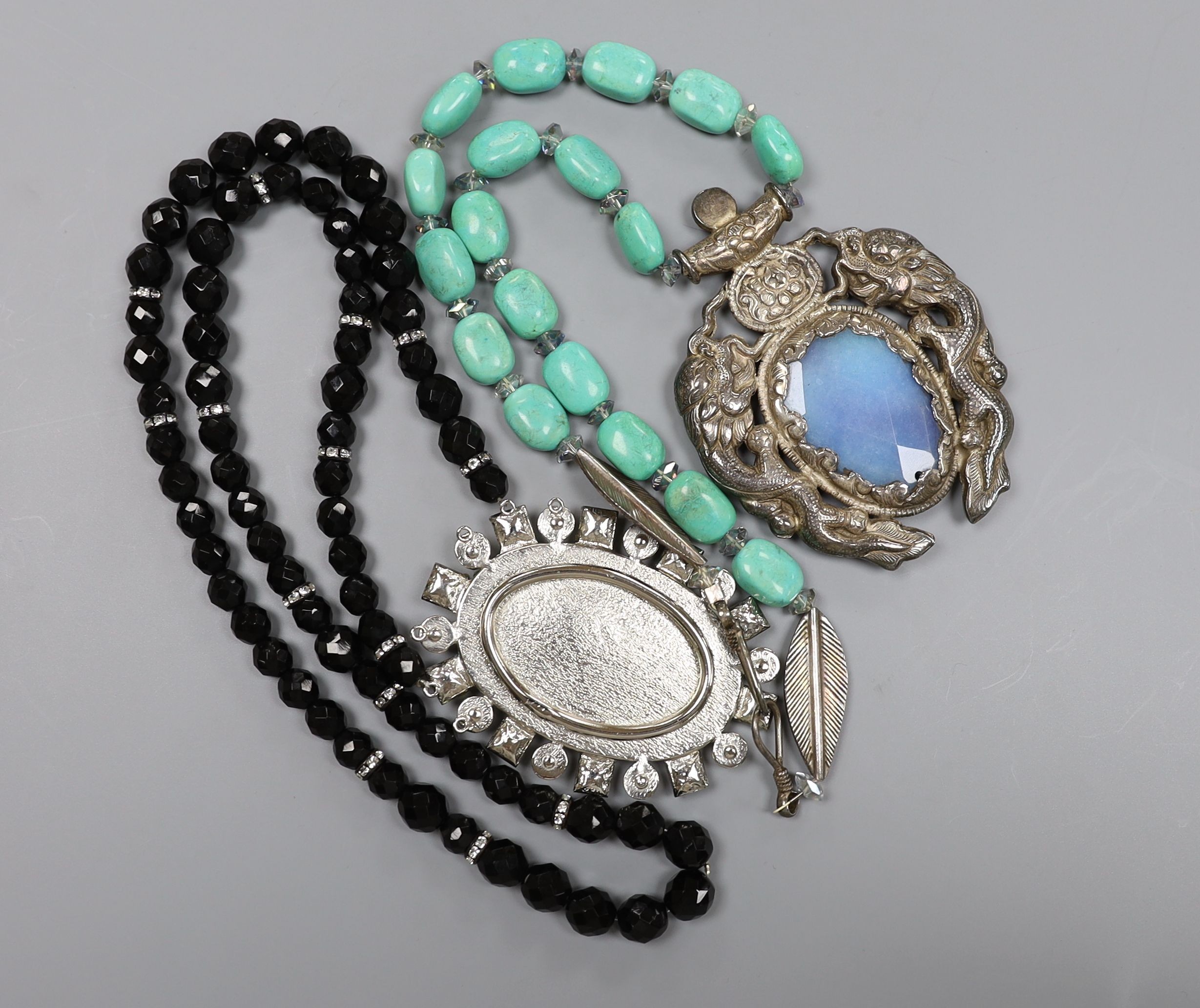 A large 20th century continental white metal, blue quartz and turquoise set drop necklace, 76cm - Image 2 of 2