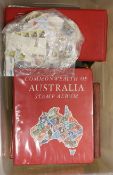 A collection of world stamps in album with G.B, Canada Australia, F.D. Covers, postcards (1 box)