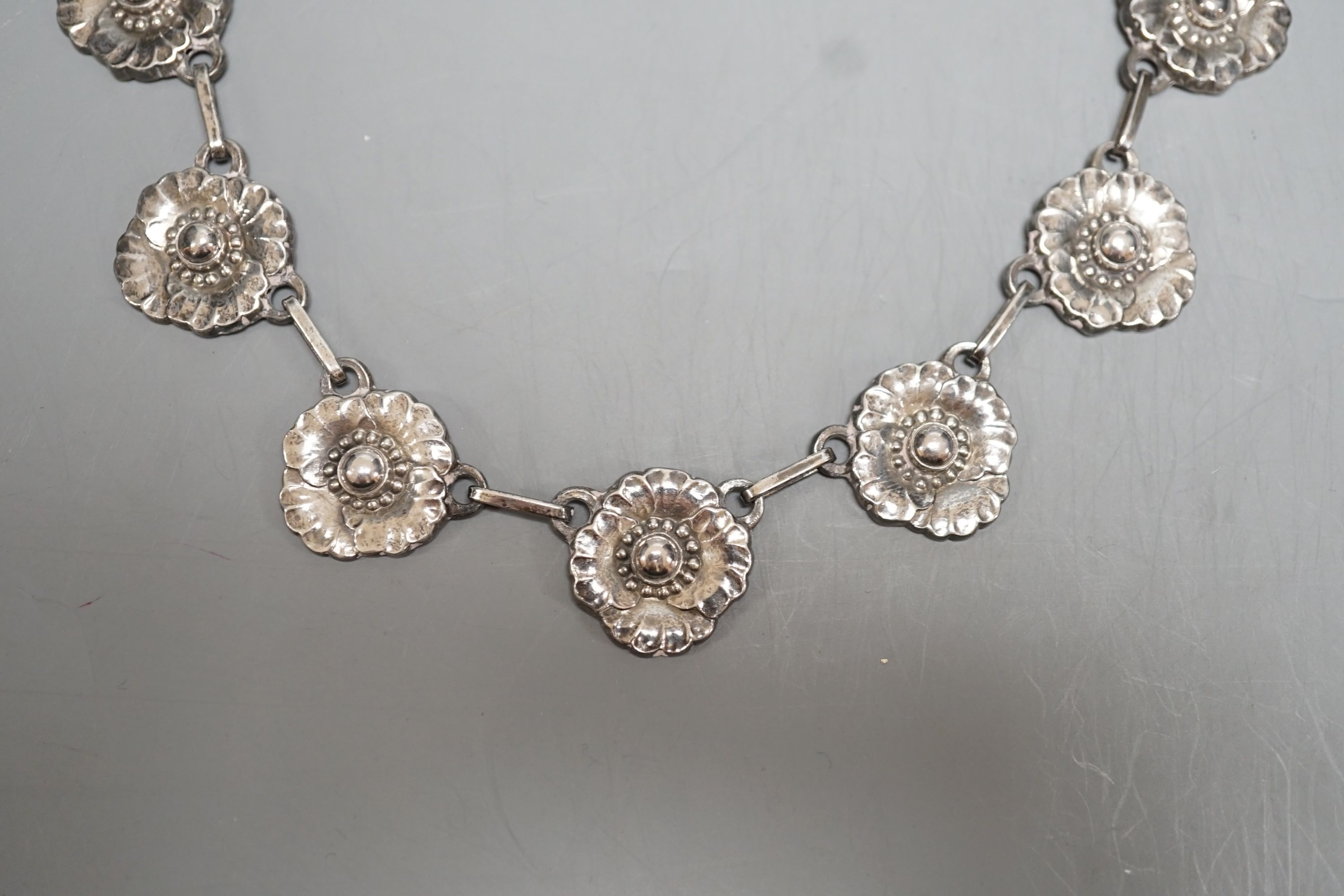 A Georg Jensen sterling flowerhead fringe necklace, no. 30A, 66cm and a pair of matching earrings, - Image 2 of 4