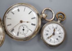 A Victorian silver keywind hunter pocket watch, case diameter 48mm and a white metal open face fob