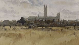 John Doyle (b.1928), watercolour, Canterbury Cathedral, signed and dated '77, 26 x 43cm