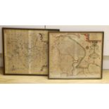 Saxton and Kip, two coloured engravings, Maps of Bedford and Lincolniae, 31 x 36cm