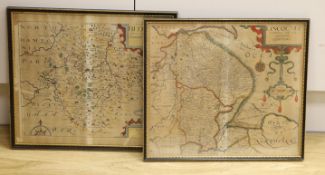 Saxton and Kip, two coloured engravings, Maps of Bedford and Lincolniae, 31 x 36cm