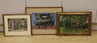 Walter Horst Nessler (1912-2001), gouache, Still life of fish in a bowl, signed, 25 x 35cm, an oil