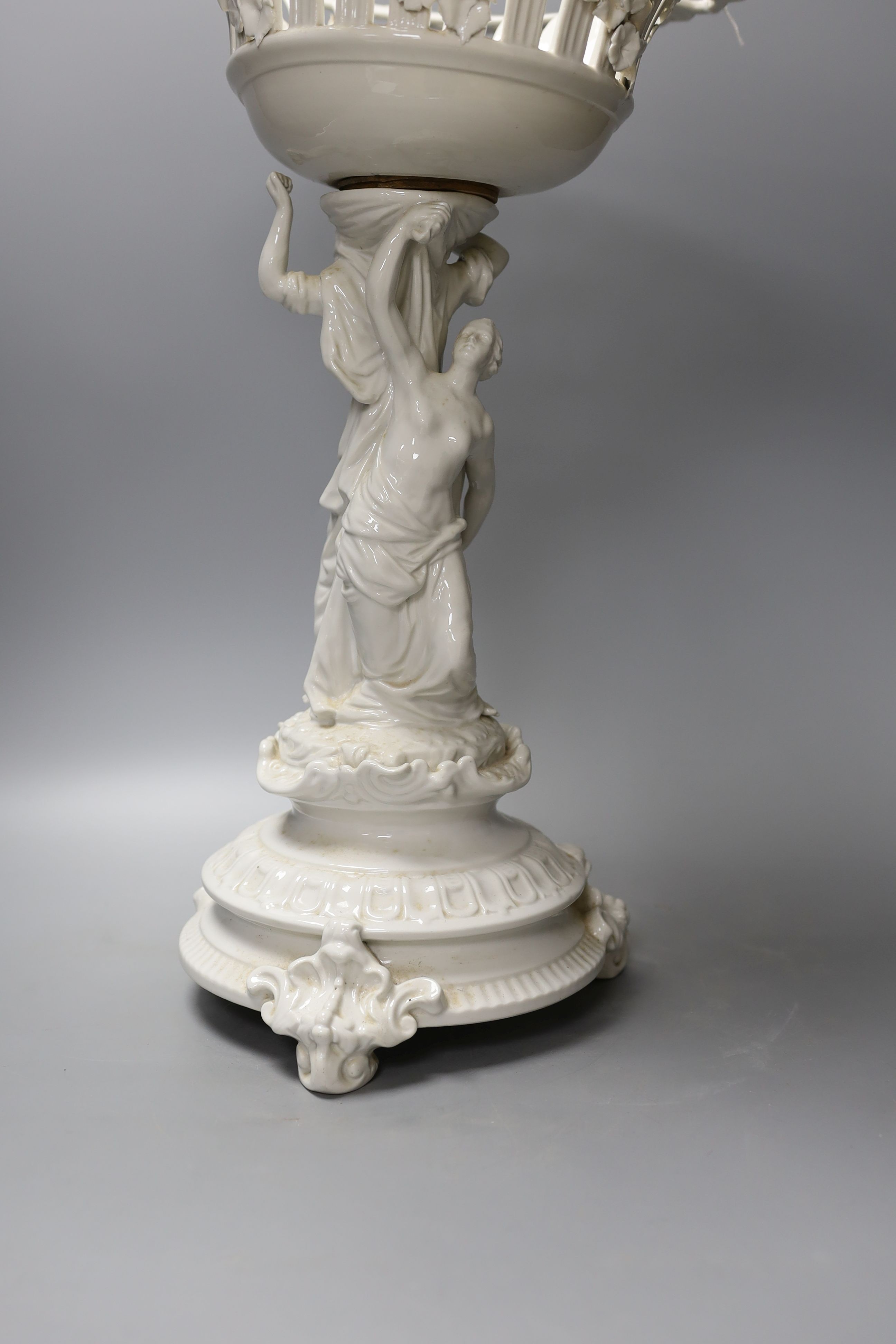 A Continental white glazed porcelain centrepiece bowl modelled with two maidens - 47cm tall - Image 4 of 4