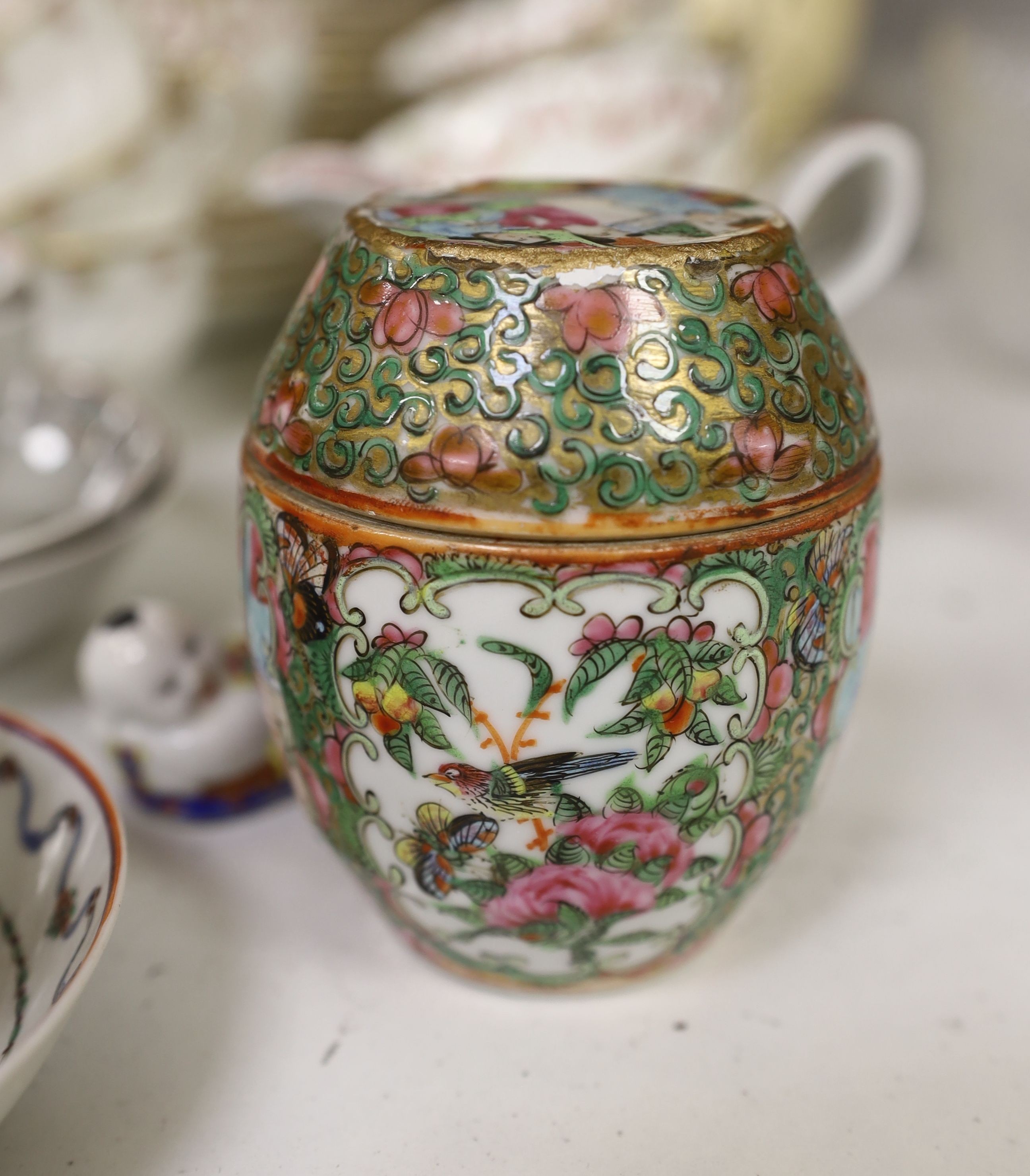 A Chinese famille rose pot and cover, a part Crescent China tea set and a small quantity of tea - Image 2 of 6