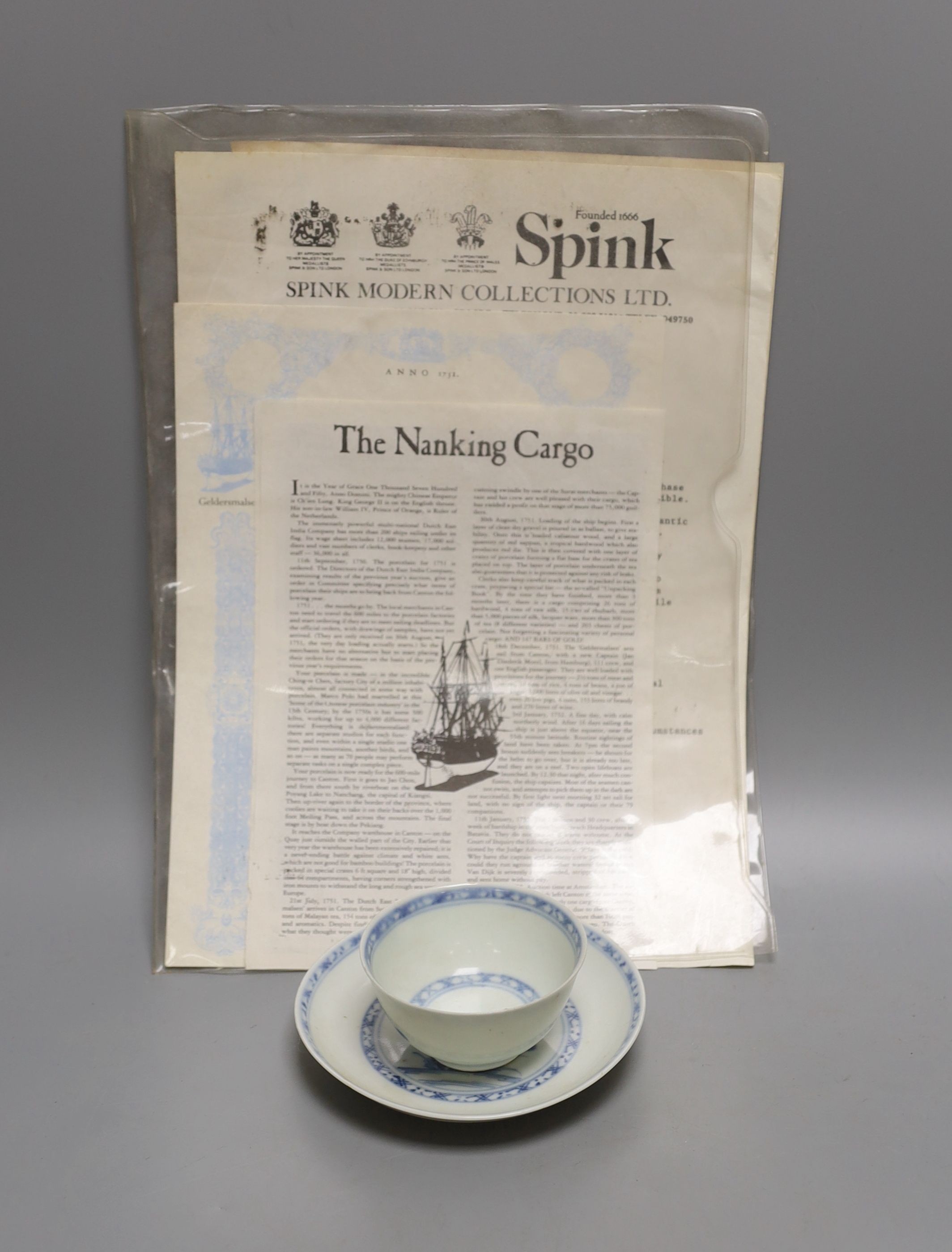 Nanking cargo teabowl and saucer, with receipt