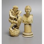 An ivory finial or cane handle in the form of Hercules fighting a lion and an ivory bust of a