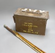 A Royal Engineers swagger stick, another swagger stick and one whip and a 1969 ammunition box