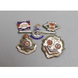 Four military badges: A Royal Navy badge and ski club badge, South Africa badge and another.