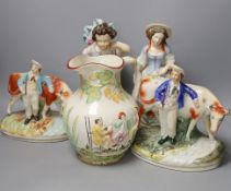 Assorted Staffordshire figures and a 'peck o' malt' jug - tallest 29cm