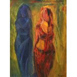 Maqbool, oil on canvas, Two standing figures, signed and dated 2014 verso, 60 x 45cm