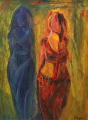 Maqbool, oil on canvas, Two standing figures, signed and dated 2014 verso, 60 x 45cm