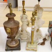 A selection of assorted table lamps including a sphinx-ed base and other decorative bases