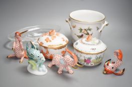 A pair of Herend pots with covers, Herend animal figures, Herend two handled pot, and one Baccarat