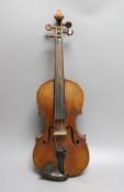 A 19th century violin with 14 inch 2 piece back, unlabelled, cased with silver mounted bow.