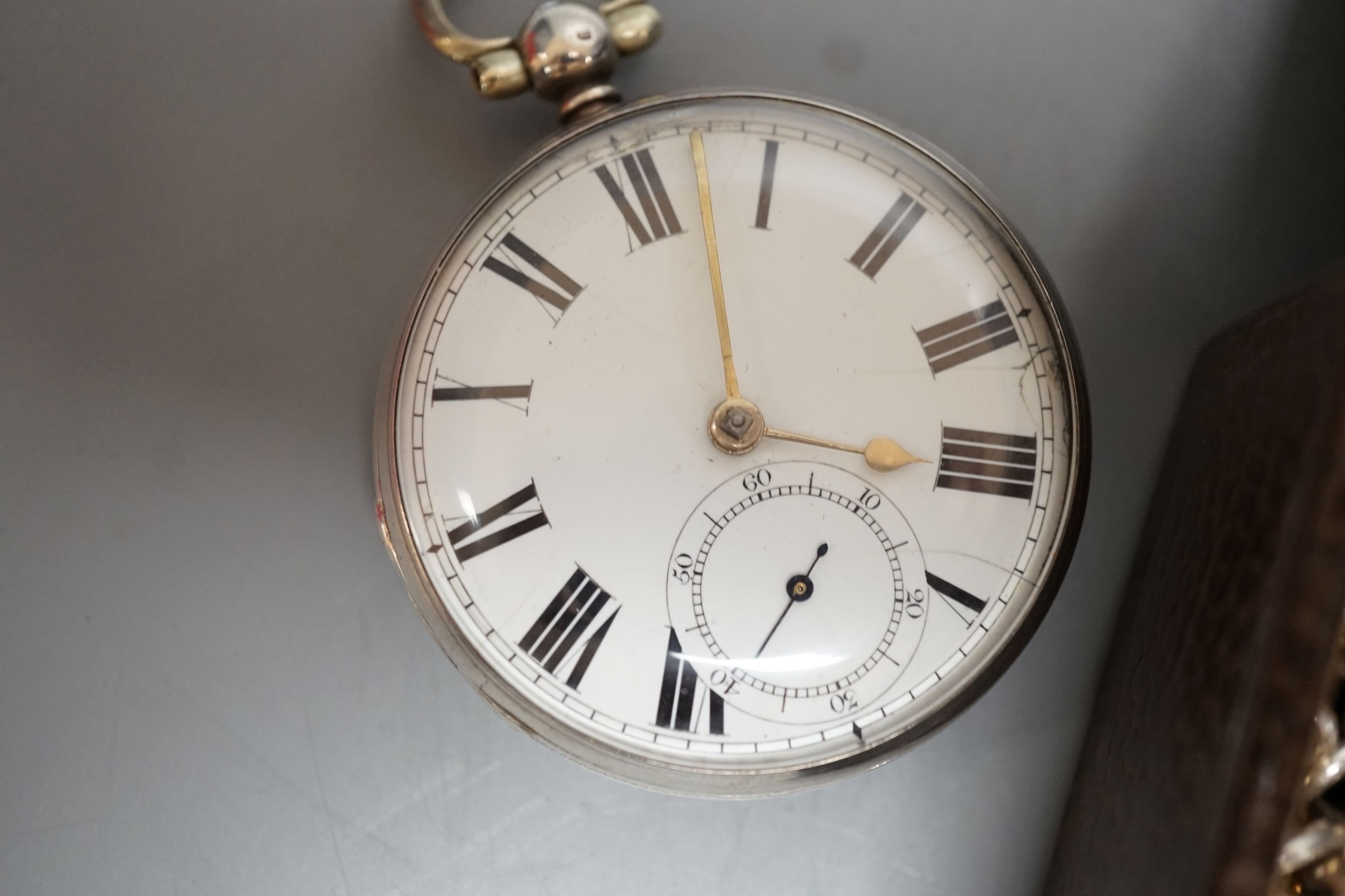 A Victorian silver open face pocket watch, with Roman dial, a metal albert and various gold plated - Image 2 of 3