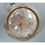 An 18th century white metal pair cased keywind verge pocket watch, by Isaac Soret, cased diameter