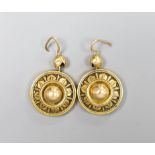 A pair of Victorian yellow metal circular drop earrings, 17cm, 6.1 grams.