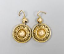 A pair of Victorian yellow metal circular drop earrings, 17cm, 6.1 grams.