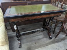 A late Victorian ebonised and bird's eye maple folding writing / card table, width 91cm, depth 48cm,