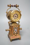 A French champleve enamel ormolu and marble mantle timepiece - 23cm high