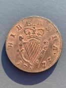 Ireland coins, a George III Irish Halfpenny, 1775, Type III, laureate bust with long hair, rev.
