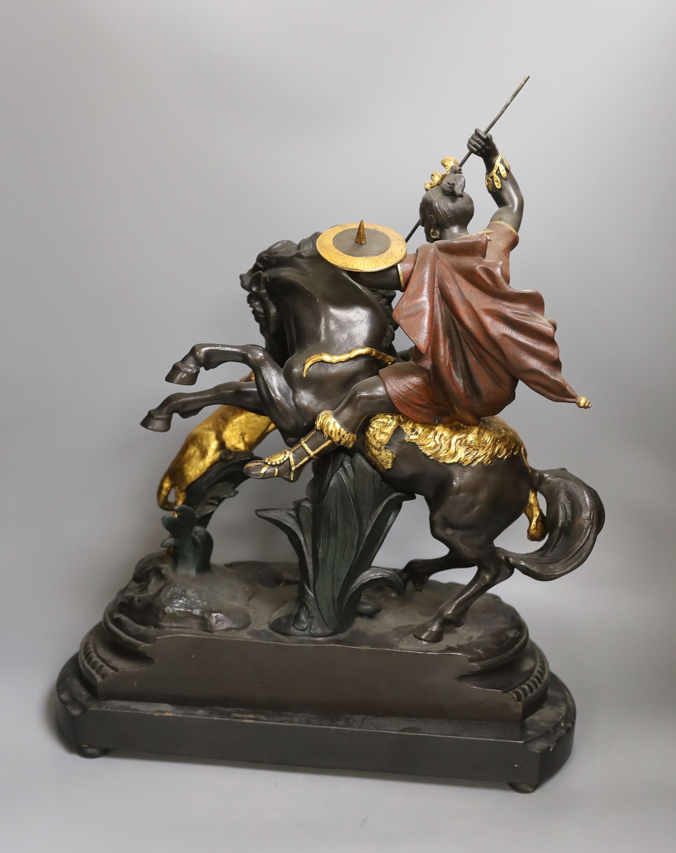 A pair of spelter warriors on horseback in action on mounted base, tallest 51cm - Image 5 of 5