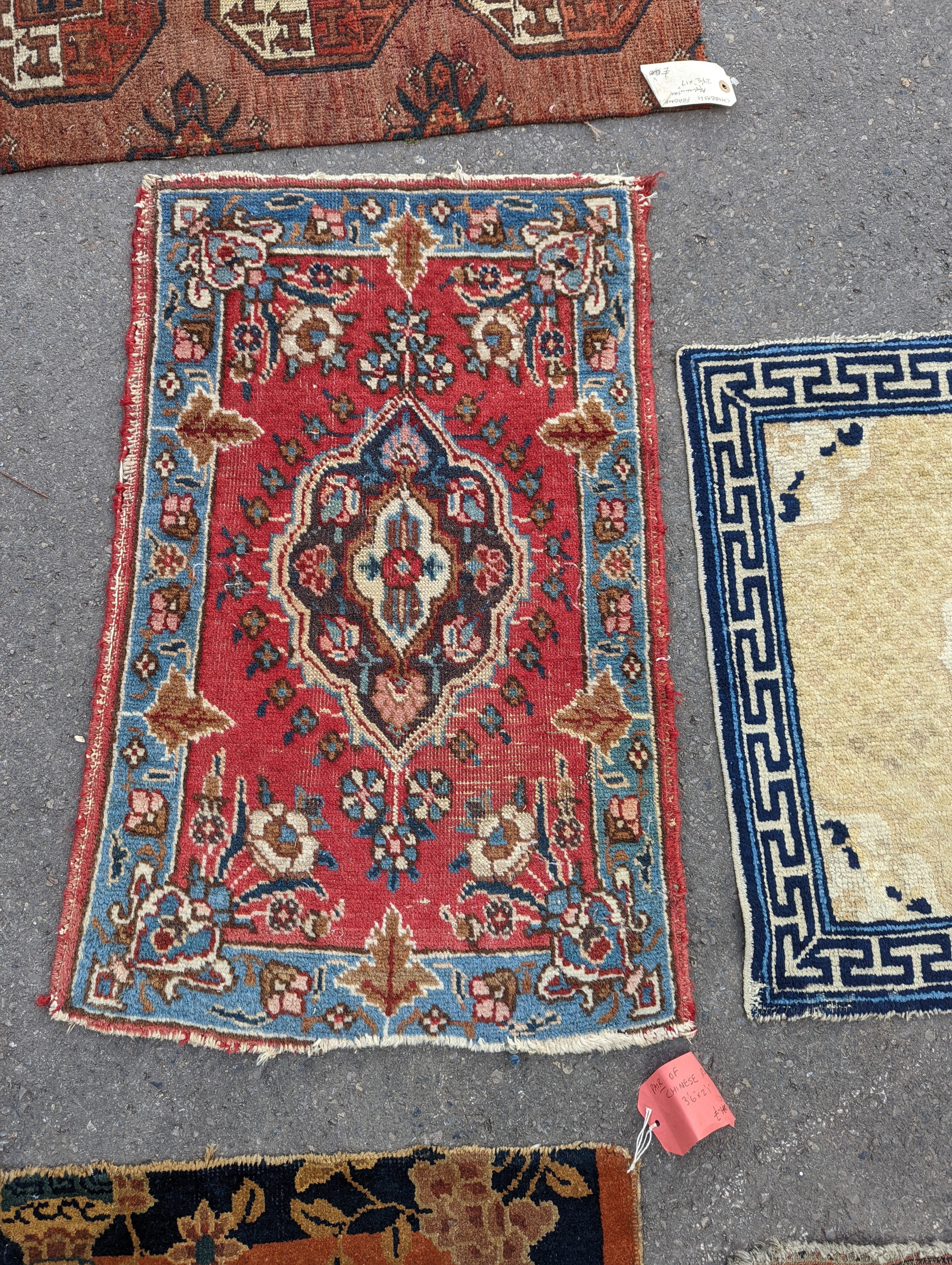 Nine Afghan, Persian and Chinese rug fragments. - Image 5 of 11