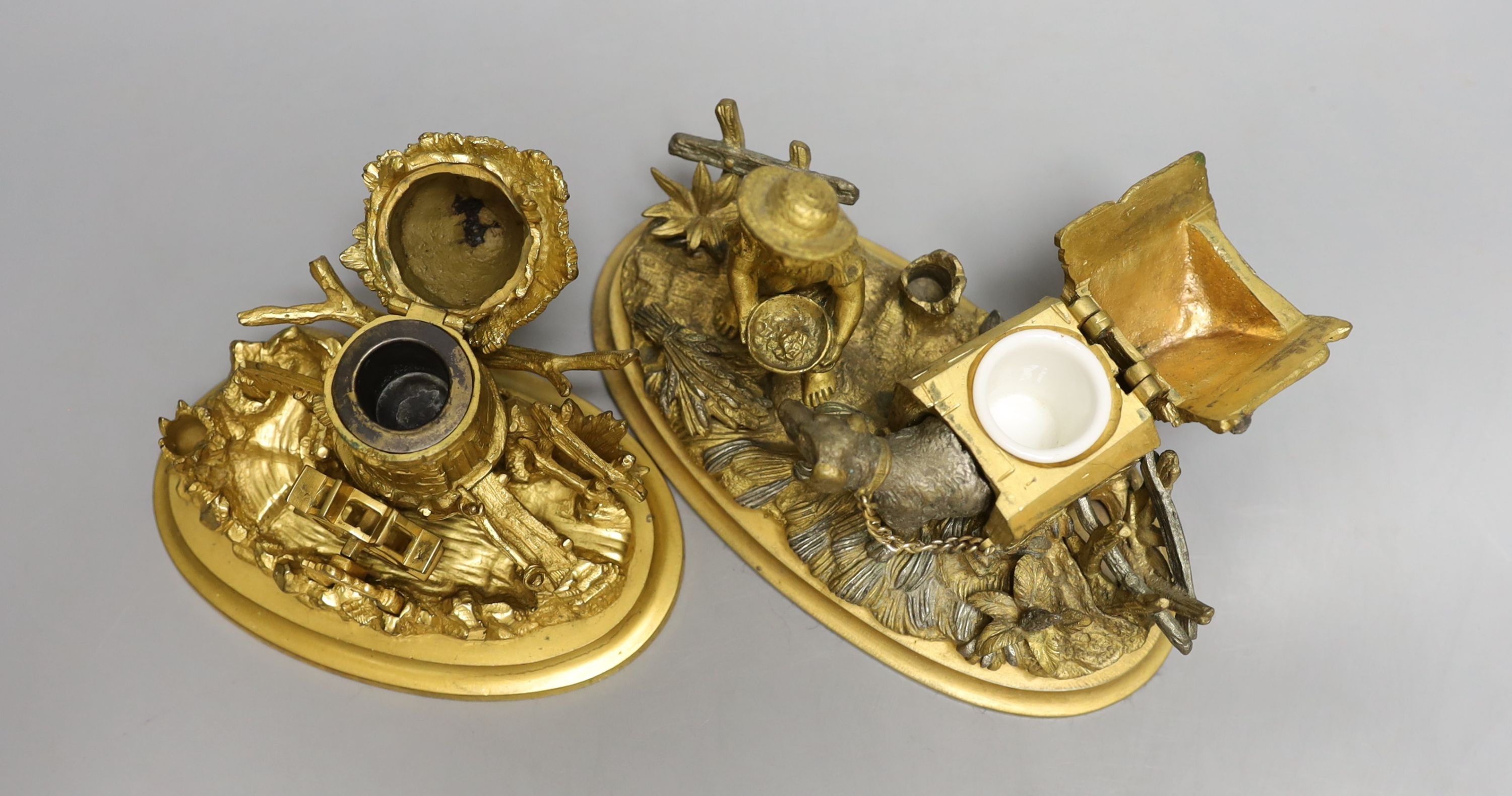 Two ormolu inkwells modelled as a dog in a kennel and a water mill - Image 3 of 3