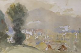 Sir Alfred East (1849-1913), watercolour, Hillside view, signed, 23 x 33cm