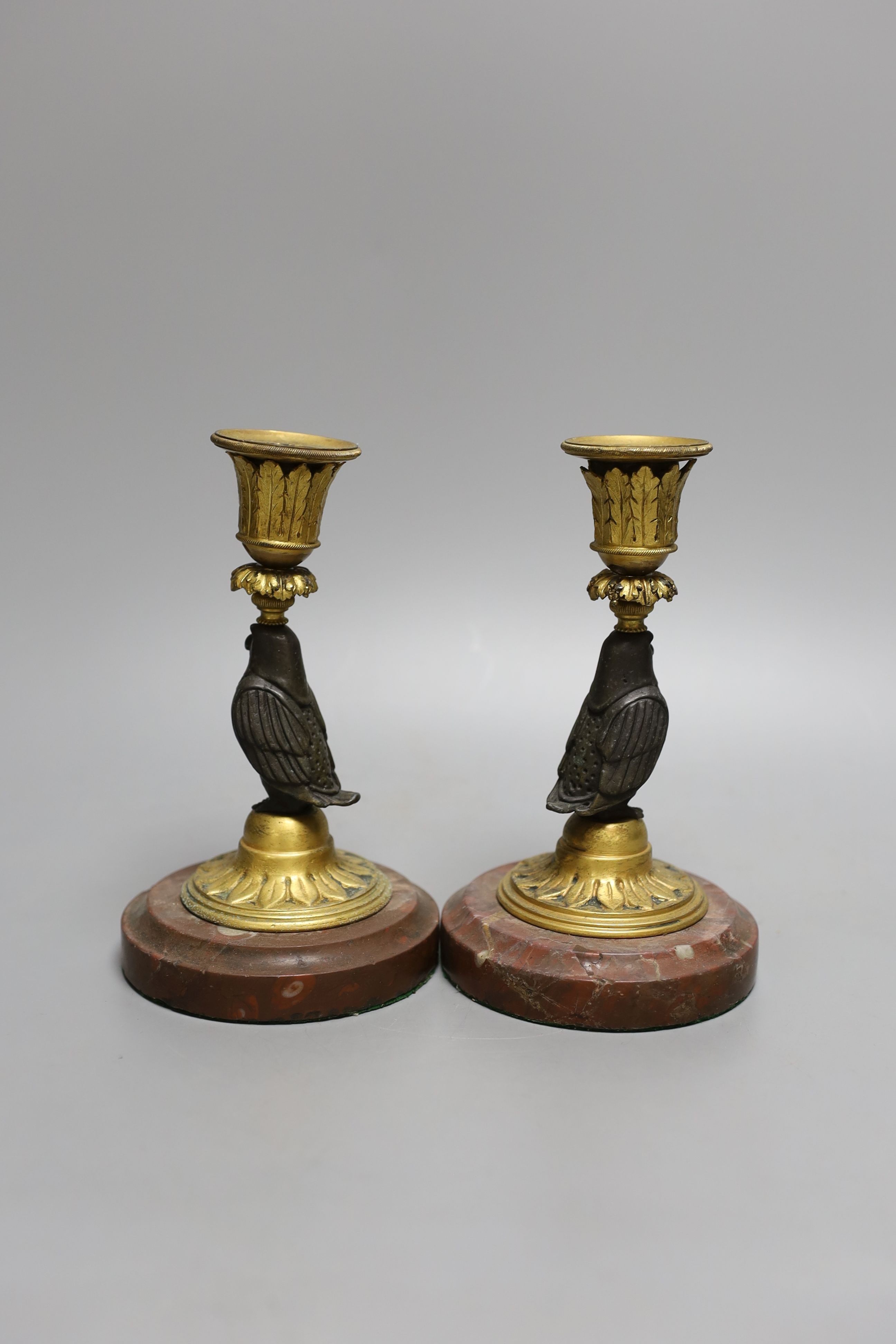 A pair of bronze and ormolu owl candlesticks - 16.5cm tall - Image 2 of 3
