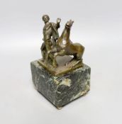 A Roman style bronze of a man and horse on a marble base 17cm